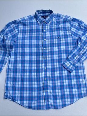 Vineyard Vines Button Down Blue/Pink Plaid Classic Fit Tucker Cotton Shirt Large